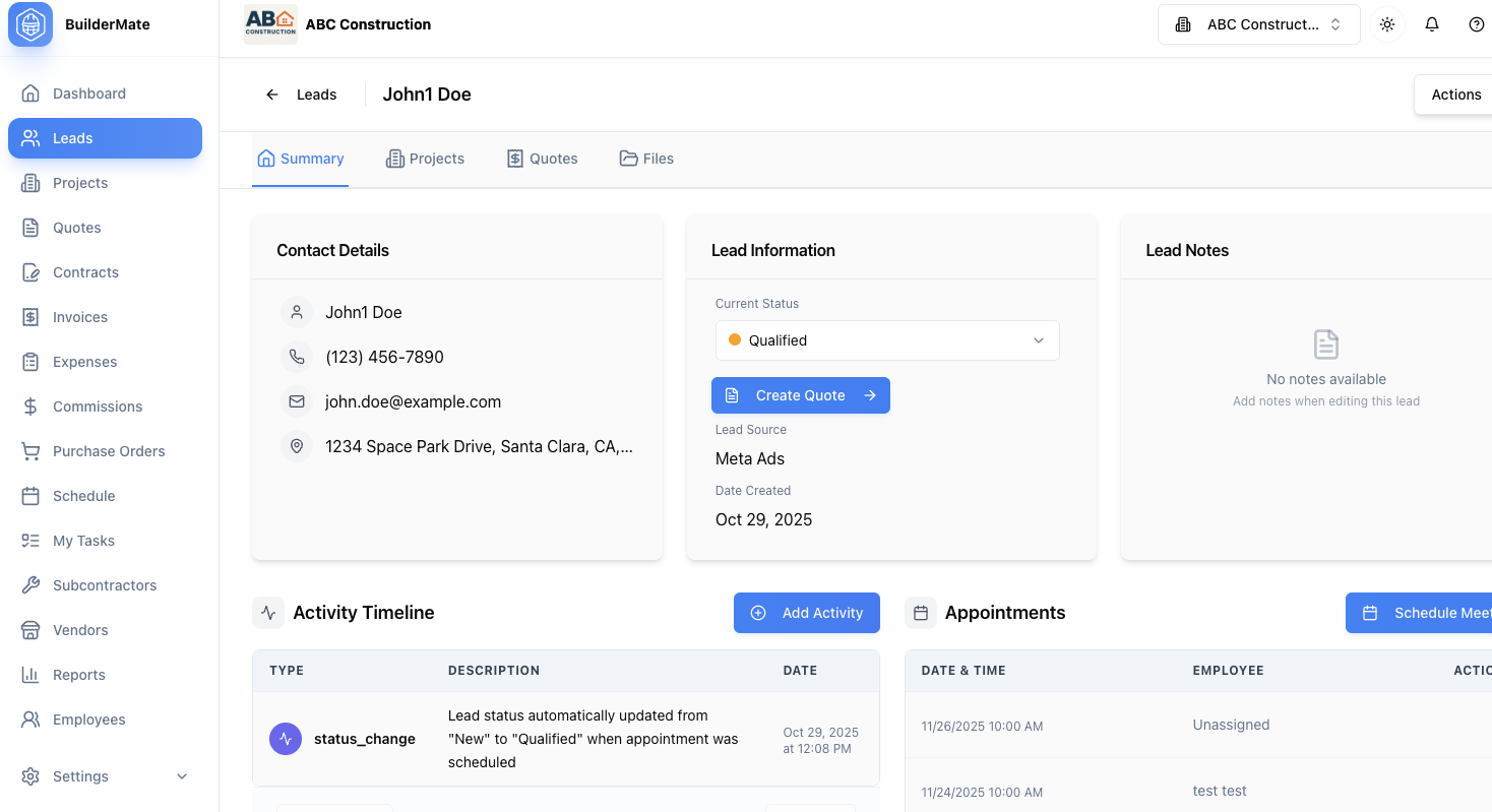 Detailed client profile with complete history