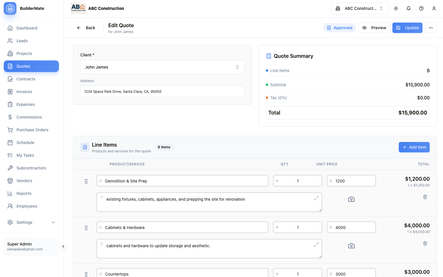 Line-item estimate builder interface