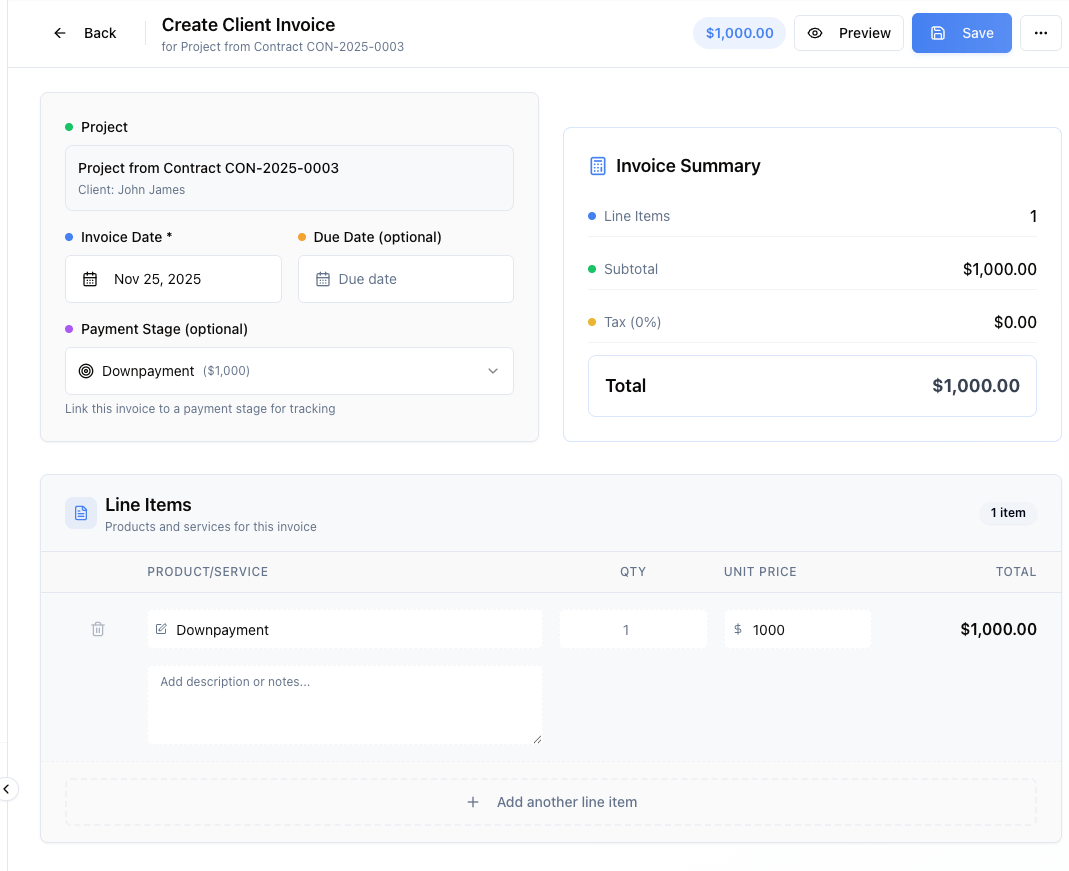 Invoice creation interface