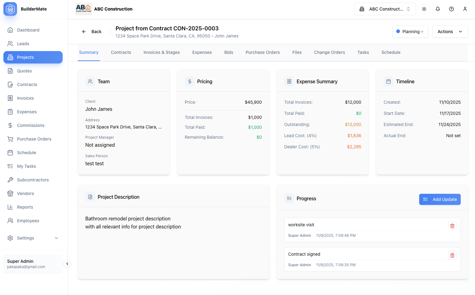 Project management dashboard